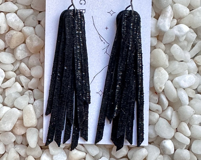 Black Shimmer Leather Fringe Earrings/Western Trending Earrings/Short Black Fringe Earrings/Boho Chic Black Fringe Earrings/Gothic Chic Gift