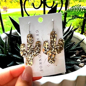 Gold Glitter Cactus Leather Earrings, Cactus Earrings, Boho Hippie, Trending Earrings, Holiday Cactus, Southwest Earrings, Christmas Cactus