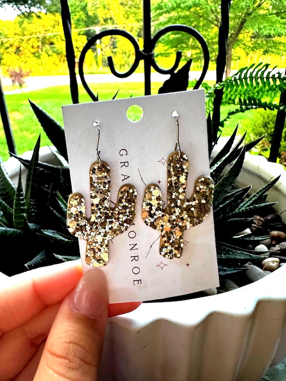 Gold Glitter Cactus Leather Earrings, Cactus Earrings, Boho Hippie, Trending Earrings, Holiday Cactus, Southwest Earrings, Christmas Cactus