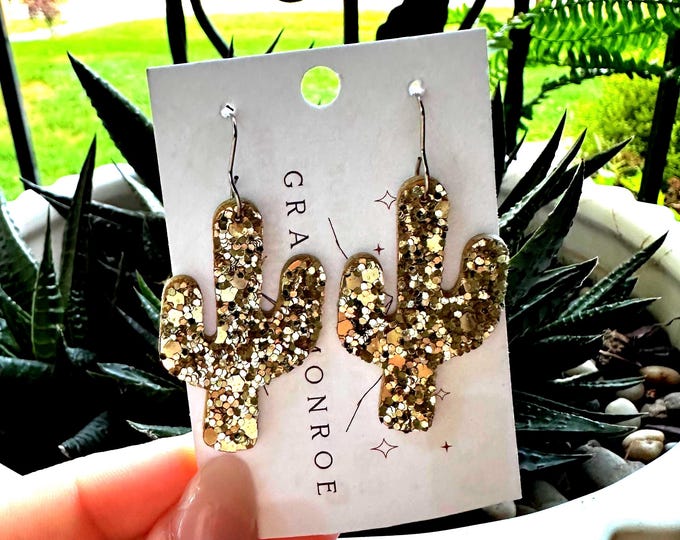 Gold Glitter Cactus Leather Earrings, Cactus Earrings, Boho Hippie, Trending Earrings, Holiday Cactus, Southwest Earrings, Christmas Cactus