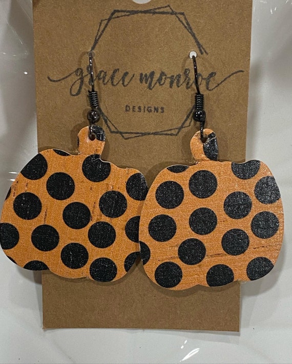 Orange with black polkadot corked leather pumpkin earrings, trending fall earrings, halloween earrings, pumpkin earrings, fall earrings