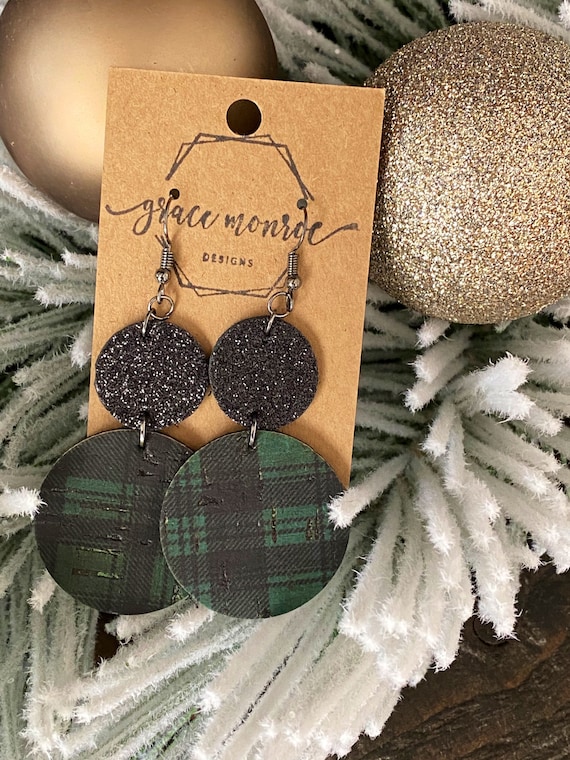 Shimmering Black and Green Kelly Plaid Holiday Earrings,  Christmas Earrings, Holiday Gift, Plaid Earrings, Green Plaid Earrings, Black