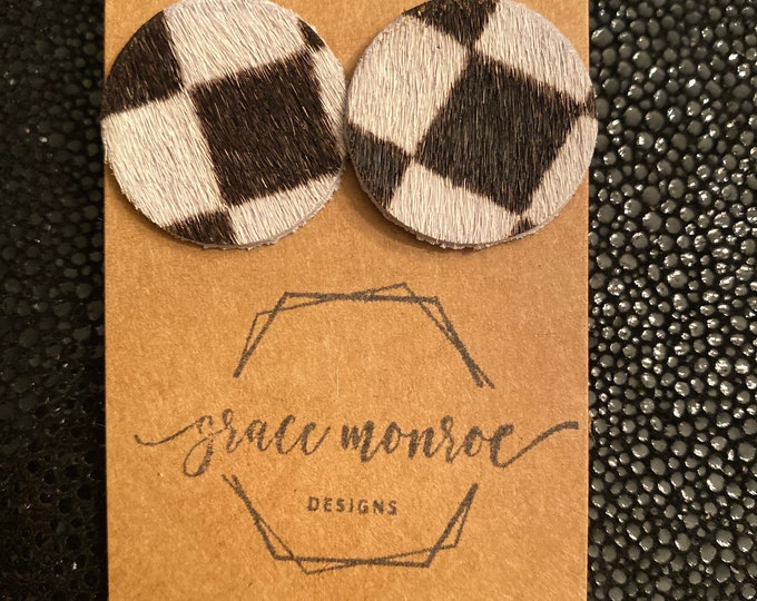 Black White Checker Earrings, Leather Circle Earrings, Statement Earrings, Van Style Earrings, Grunge Earrings, Skater Earrings, Unity Studs