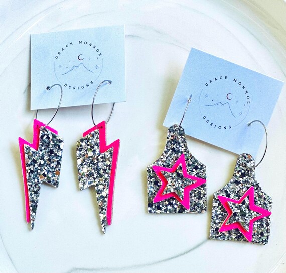 Pink and Silver Glitter Leather Cattle Tag Star Hoops/Pink and Silver Glitter Leather Lightning Bolt Hoops/Trending Glitter Western Earrings