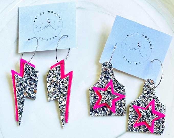 Pink and Silver Glitter Leather Cattle Tag Star Hoops/Pink and Silver Glitter Leather Lightning Bolt Hoops/Trending Glitter Western Earrings