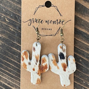 Spotted Pony Cowhide Cactus Earrings, Hair on Hide Earrings, Cactus Earrings, brown earrings, black and white, trending earrings, boho chic