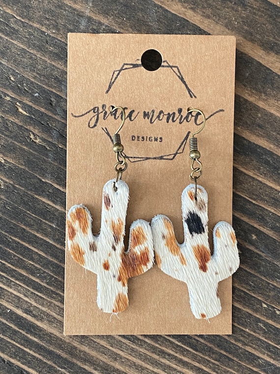 Spotted Pony Cowhide Cactus Earrings, Hair on Hide Earrings, Cactus Earrings, brown earrings, black and white, trending earrings, boho chic