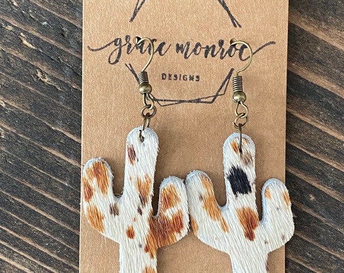 Spotted Pony Cowhide Cactus Earrings, Hair on Hide Earrings, Cactus Earrings, brown earrings, black and white, trending earrings, boho chic