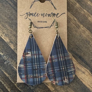 Navy and Tan Plaid Corked Leather Earrings, Christmas Earrings, Trending Earrings, Fall Plaid Leather Earrings, Holiday Earrings, plaid
