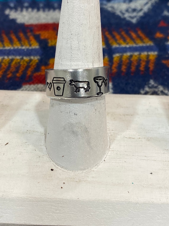 Coffee Cows Cocktails Hand Stamped Ring, coffee ring, cow ring, cocktails ring, farm ring, cattle ring, farm jewelry, western inspired, ring