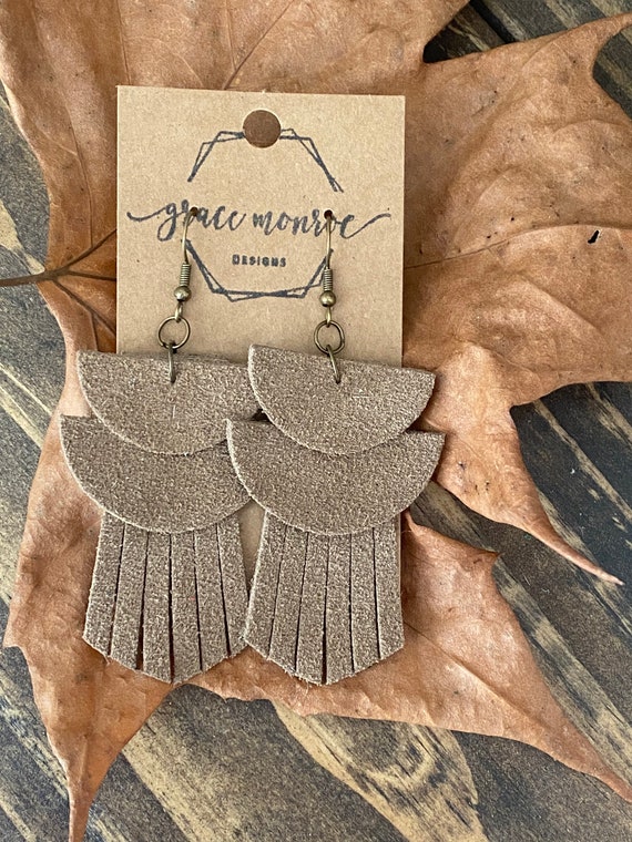 Triple layer fringe earring, leather earrings, neutral earrings, geometric earrings, boho western, fall earrings, brown leather earrings