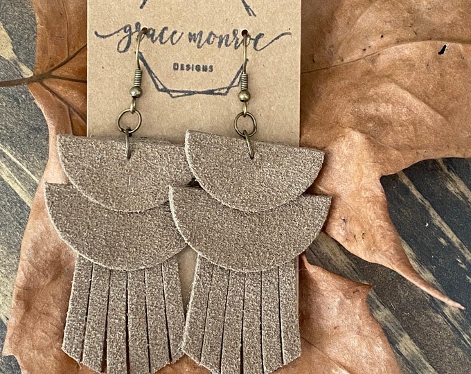 Triple layer fringe earring, leather earrings, neutral earrings, geometric earrings, boho western, fall earrings, brown leather earrings