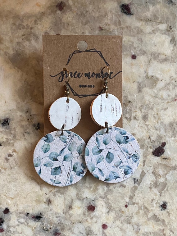 White Birch and Green Floral Leaf Leather Cork Earrings, Leather Earrings , White Cork Earrings, Spring Earrings, Trending Earrings, Chic