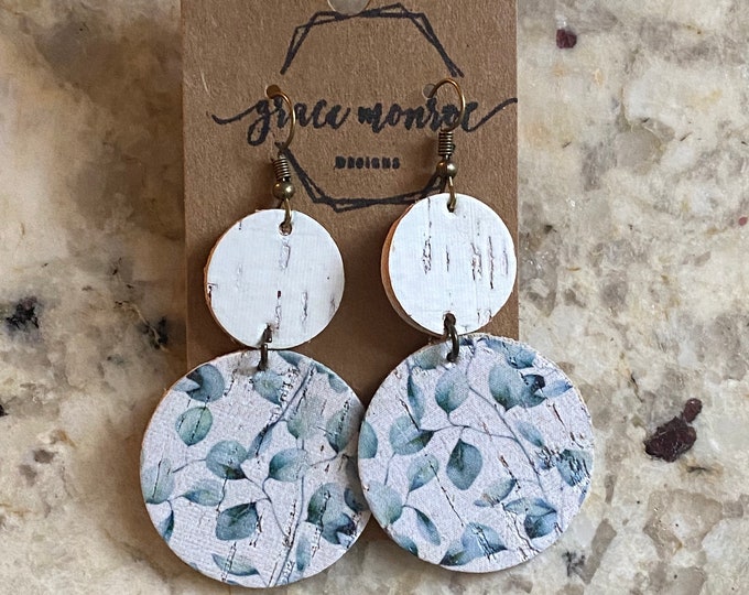 White Birch and Green Floral Leaf Leather Cork Earrings, Leather Earrings , White Cork Earrings, Spring Earrings, Trending Earrings, Chic