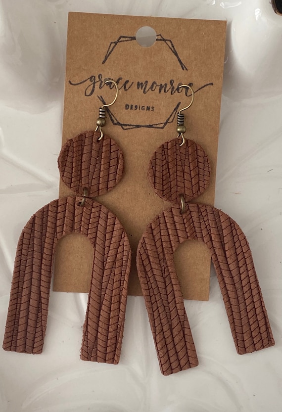 Rust Palm Leaf Arch Earrings, Boho Earrings, Leather Earrings, Rust Leather, Fall Earrings, U Shaped Earrings, Rainbow Shaped Earrings