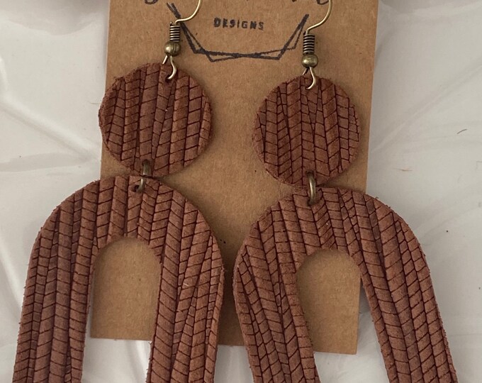 Rust Palm Leaf Arch Earrings, Boho Earrings, Leather Earrings, Rust Leather, Fall Earrings, U Shaped Earrings, Rainbow Shaped Earrings