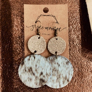 Cowhide and Gold Shimmer Leather Earrings, Holiday Earrings, Leather Earrings, Dangle Earrings, Cowhide Earrings, Circle Earrings, Trending