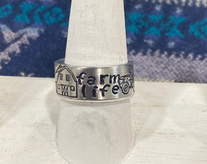 Farm Life Metal Stamped Ring, Metal Stamper Ring, Hand Stamped Jewelry, Farm Life, Farm Ring, Agriculture Ring, Tractor Ring, Barn Ring