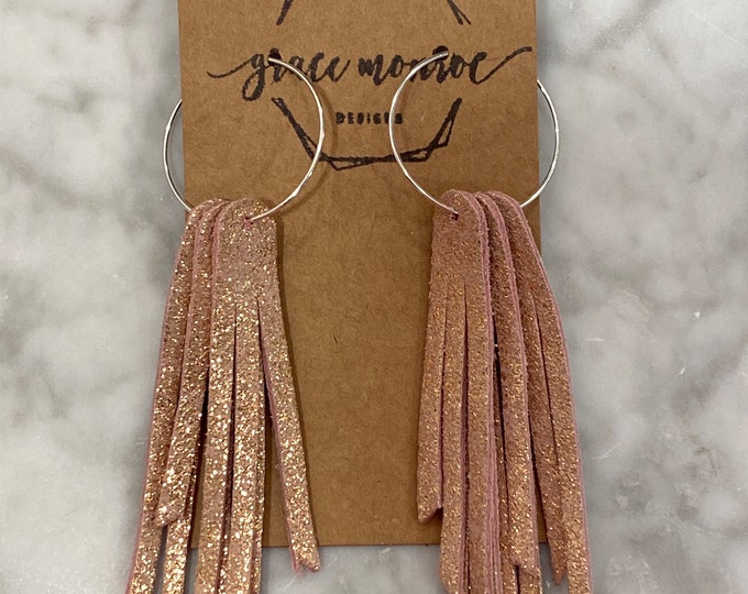 Light pink metallic rose gold leather fringe earrings, short fringe earrings, rose gold earrings, trending earrings, leather fringe earrings