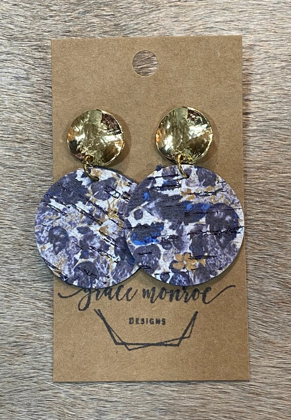 Blue Floral Watercolor Spring Dangle Earrings/Leather Cork Earrings/Gold Stud Floral Earrings/Leather Earrings