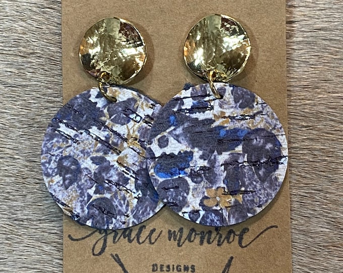 Blue Floral Watercolor Spring Dangle Earrings/Leather Cork Earrings/Gold Stud Floral Earrings/Leather Earrings