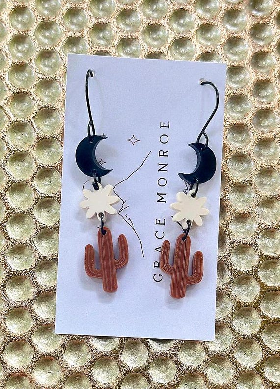 Boho Moon Flower Cactus Acrylic Earrings/Western Chic Dangle Earring/Trending Fall Earrings/Boho Chic Earrings/Moon Earrings/Cactus Earrings