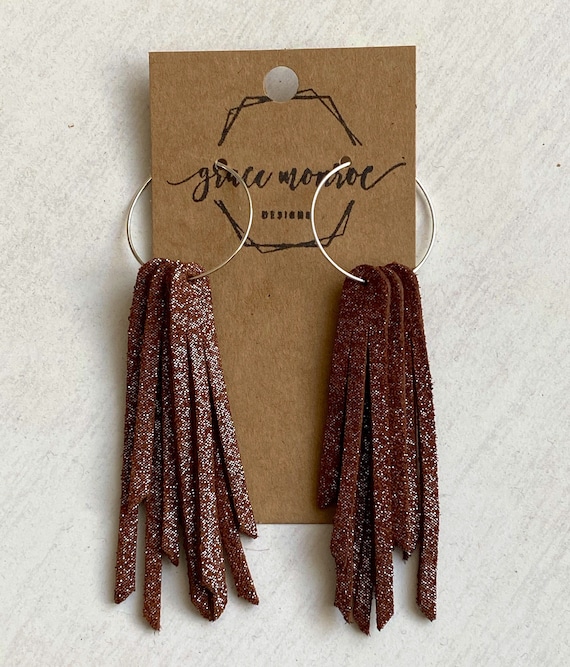 Brown Shimmering Leather Fringe Earrings, Western Earrings, Trending Earrings, Short Fringe Earrings, Boho Chic, Leather Fringe, Dark brown