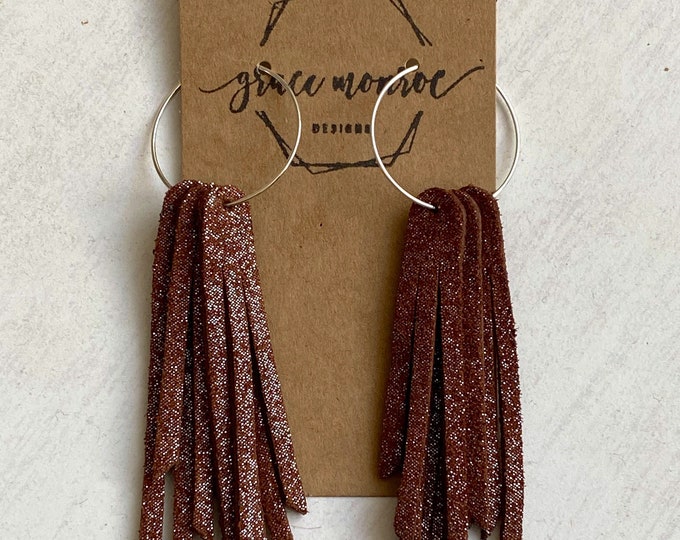 Brown Shimmering Leather Fringe Earrings, Western Earrings, Trending Earrings, Short Fringe Earrings, Boho Chic, Leather Fringe, Dark brown