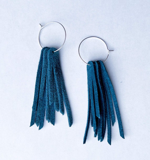 Teal Leather Short Fringe Earrings, Teal Fringe Earrings, Trending Earrings, Teal Leather Earrings, Western Boho Earrings, Cowgirl Chic