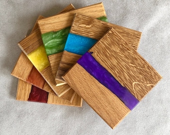 Set of 6 Rainbow Resin & Wood Coasters | Handmade | Epoxidharz Untersetzer | Home lgbt Gift | Regenbogen Tea | Personalisiert | Mug pads