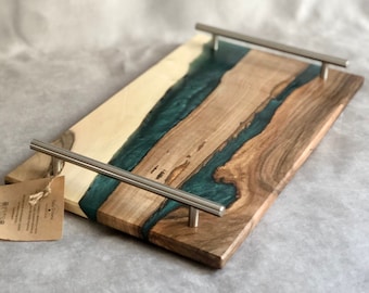 Wooden Serving Resin Tray | walnut Cheese Paddle with handle | modern epoxy Board | hand made personalized kitchen accessories | gift ideas
