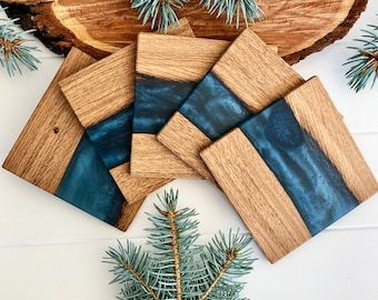 Set van 2/4/6 mooie rivieronderzetters met hars- en houtdecor | Handgemaakt | Thuis | Cadeau | Kerstmis | Wijn| Mokleggers Epoxidharz Untersetzer marineblauw