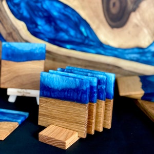 Wooden serving resin Tray kitchen Cheese Paddle epoxy oak Board Ocean surf handles blue blau Fütterungsbrett sea currency gift image 3