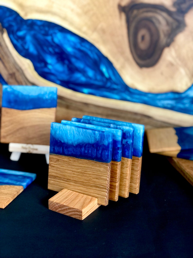 Wooden serving resin Tray kitchen Cheese Paddle epoxy oak Board Ocean surf handles blue blau Fütterungsbrett sea currency gift image 3