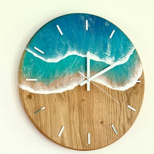 Wall clock surfing style resin epoxy blue wave and oak wood watch | Unique hand made gift for her | Mother&#39;s Day | Colorful accessories