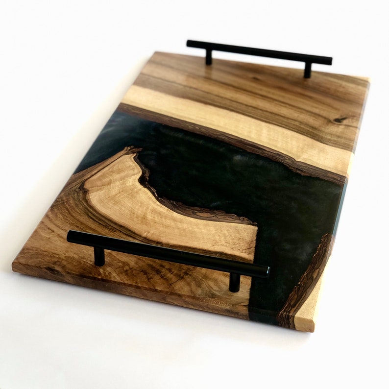 Wooden serving resin Tray kitchen Cheese Paddle epoxy oak Board Ocean surf handles blue blau Fütterungsbrett sea currency gift image 6