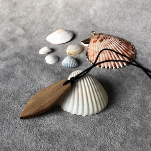 Pode incluir: Um colar com um pingente de folha de madeira e um cordão preto. O pingente está pendurado em uma concha branca. Há várias outras conchas espalhadas ao redor do pingente.