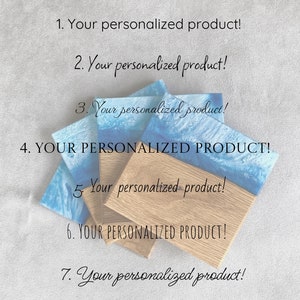May include: A selection of square coasters. Some feature a blue and white wave design, while others are made of light-coloured wood. The text "Your personalized product!" is printed on the image.