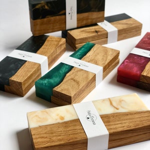 Set of Epoxy Resin Knife Handle Scales | bookmatched Stabilized blanks | Handmade oak block knives | Messergriffschalen | Messer woody Knive