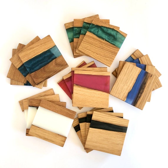 Create Your Own Set of River Colorfull Resin & Wood Square Coasters  Untersetzer Handmade Epoxy Christmas Home Gift Coffee Mug Pads 