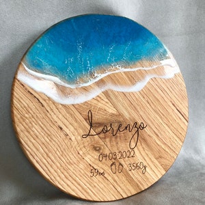 Gepersonaliseerde cadeaus voor pasgeborenen oceaan | Geboorteakte van een jongen of meisje | Doopcadeau voor baby's, souvenir voor de doop | Houten hars wandhaken