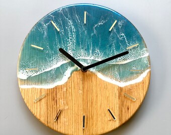 Wall clock surfing style resin epoxy blue wave and beech wood watch | Unique hand made gift for her | Mother's Day | Colorful accessories