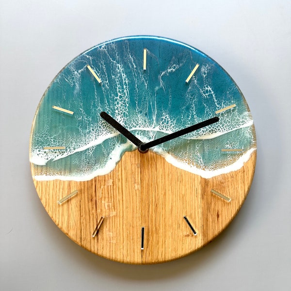Wall clock surfing style resin epoxy blue wave and beech wood watch | Unique hand made gift for her | Mother's Day | Colorful accessories