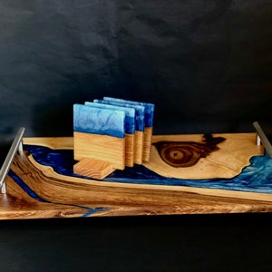 Wooden serving resin Tray kitchen Cheese Paddle epoxy oak Board Ocean surf handles blue blau Fütterungsbrett sea currency gift image 1