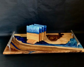Wooden serving resin Tray | kitchen | Cheese Paddle | epoxy oak Board | Ocean surf handles | blue blau | Fütterungsbrett | sea currency gift