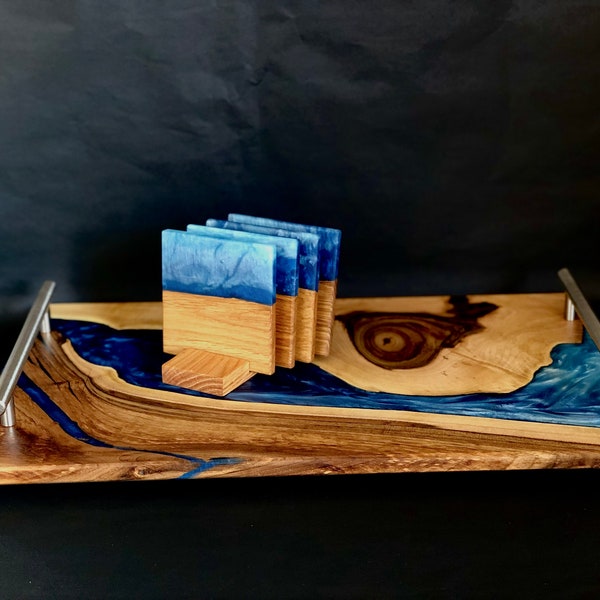 Plateau en résine de service en bois | cuisine | Palette de fromage | Planche de chêne époxy | Poignées de surf océanique | bleu bleu | Fütterungsbrett | cadeau de monnaie de mer