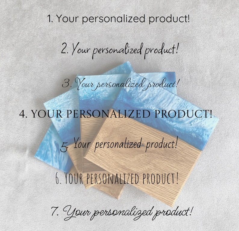 May include: A set of seven wooden coasters with blue resin accents. The coasters are stacked on top of each other. The coasters are personalized with the text "Your personalized product!"