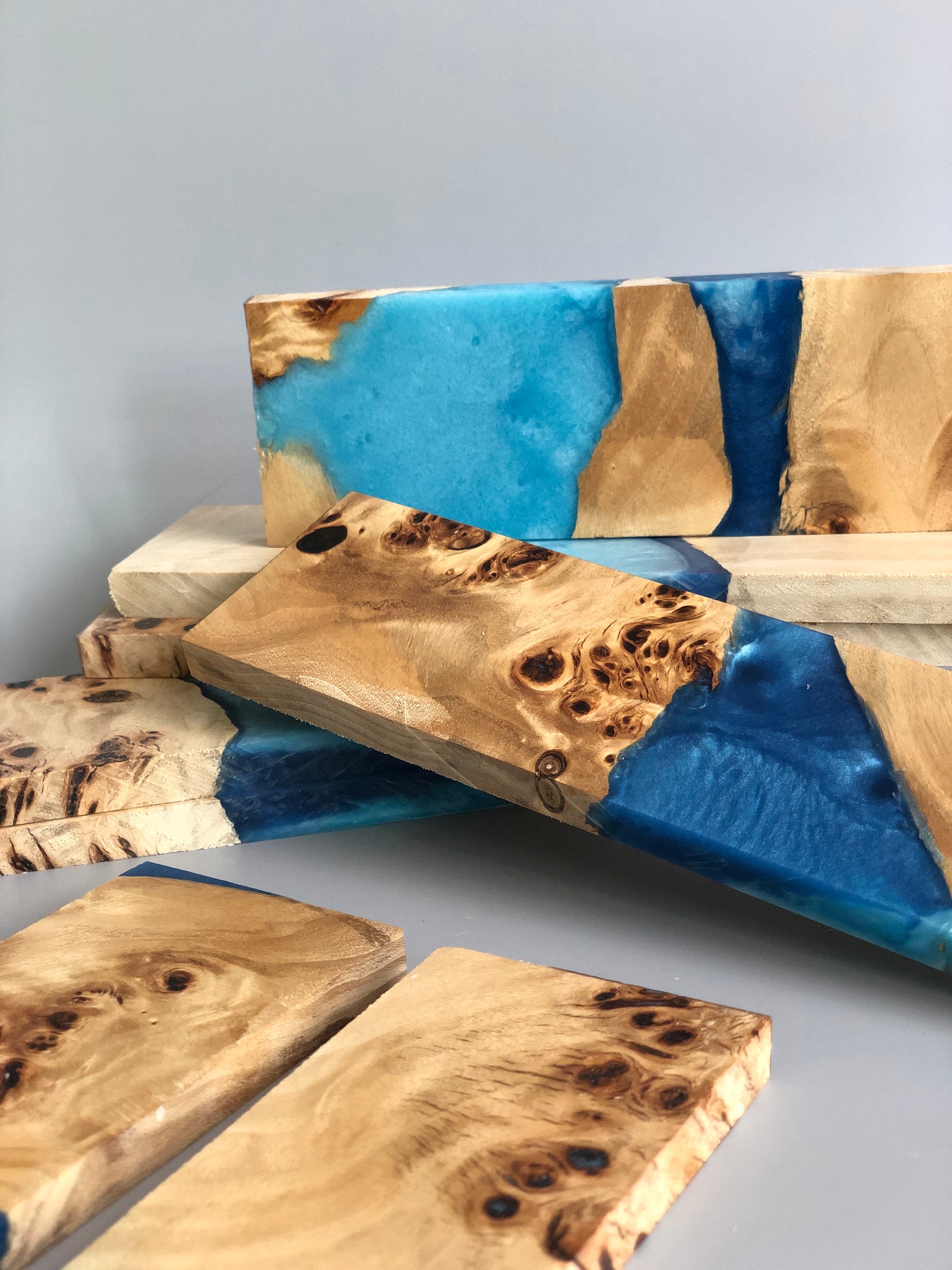 Knife Handle Scale Set With Ocean Blue Epoxy Resin | Bookmatched