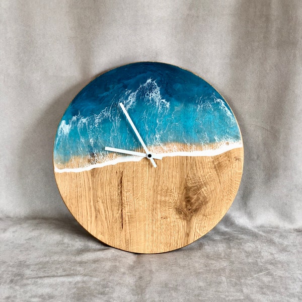 Wall clock surfing style resin epoxy blue wave and oak wood watch | Unique hand made gift for her | Mother's Day | Colorful accessories