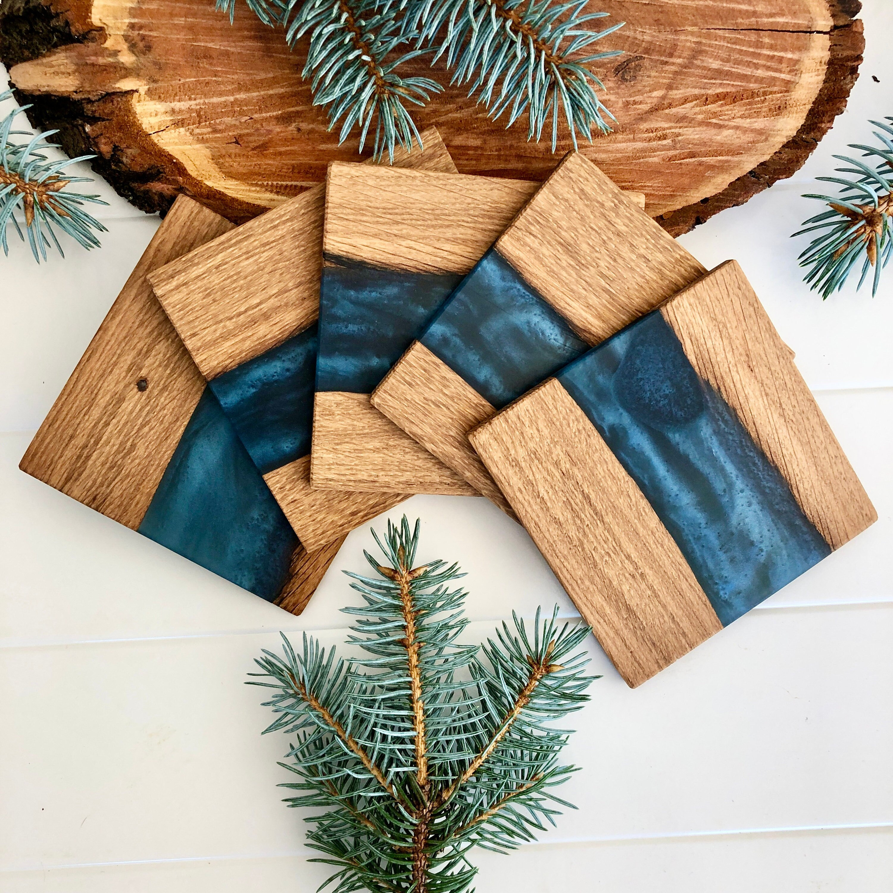 Set of 2/4/6 fancy Resin & Wood decor river Coasters | Handmade | Home | Gift | Christmas | Wine| Mug pads Epoxidharz Untersetzer navy blue